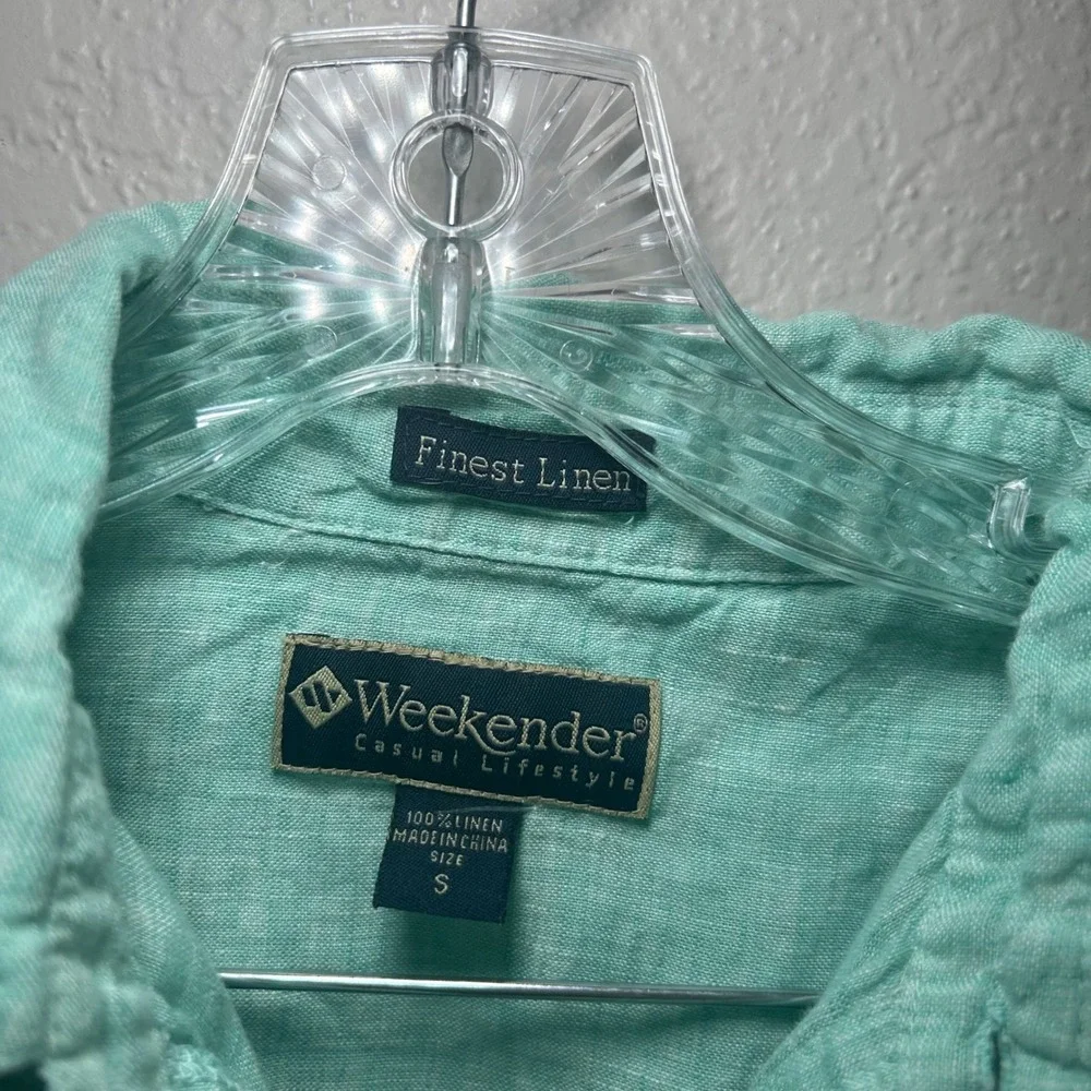 Weekender green blue linen button up shirt men's small casual resort vacation